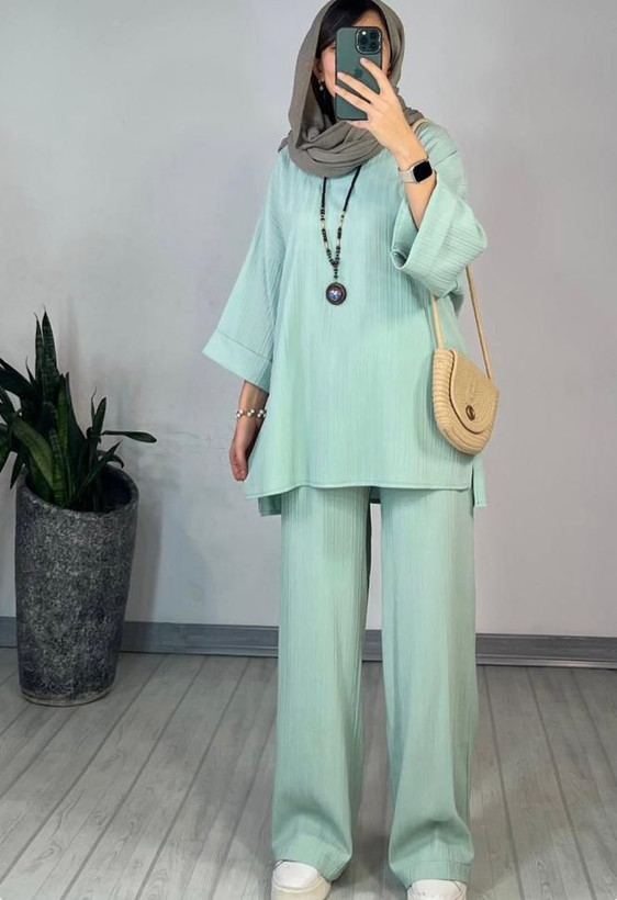 ست مانتو شلوار زنانه مدل گلیان رنگ سبز سدری